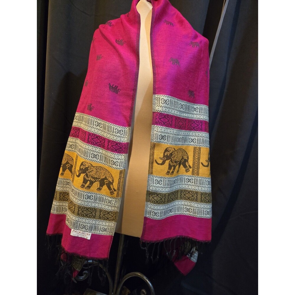Pashmina Cashmere Shawl Wrap Scarf Pink Gold Black Fringe Elephants - Picture 2 of 6